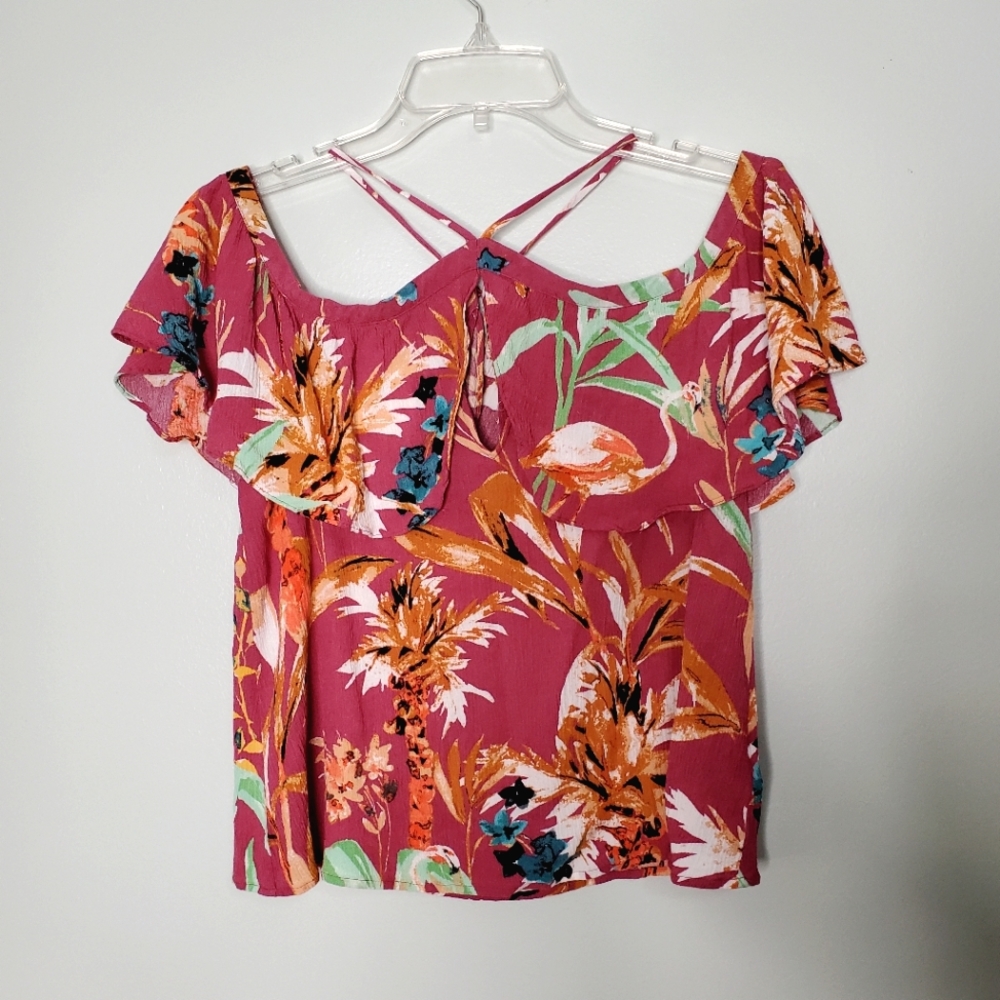 Express Red Floral Off Shoulder Key Hole Halter Top SP